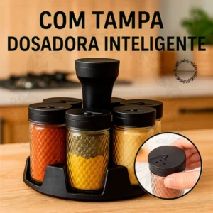 Leia mais sobre o artigo Kit 6 Porta Condimentos de Vidro com Suporte Giratório 360°: Mais Organização e Praticidade na Cozinha